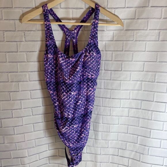 Speedo Ultraback Purple Print Swimsuit Sz 12 - Picture 2 of 5